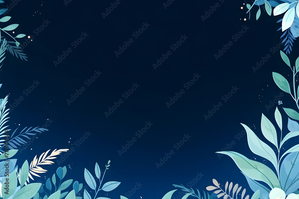 A collection of blue tropical leaves illustration forms a frame against ...