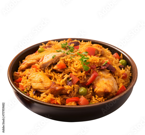 Indian tandoori chicken biriyani dish with yellow saffron rice, cashew nuts and pappadum bread on png background