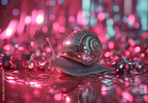 A snail with a disco ball shell, crawling a floor of silvery confetti in the neon light of a disco club