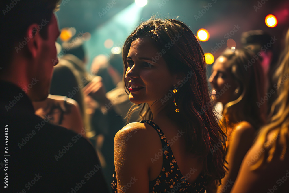 Women dancing in a nightclub, men dancing, dancing together, people having fun, party, alcohol, volumetric lights, portrait of a woman, friends, afterwork party, fancy, luxury, rich people Women dancing in a nightclub, men dancing, dancing together, people having fun, party, alcohol, volumetric lights, portrait of a woman, friends, afterwork party, fancy, luxury, rich people