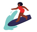African American woman on a surfboard, enjoying surfing in the ocean. Hand drawn vector illustration in flat design, isolated on white