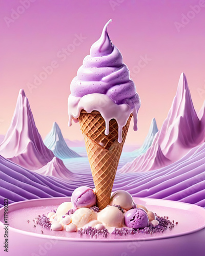 Pop Art Ice Cream Delight - Photorealistic retro-futuristic isometric landscapes with lavender fields and pixelated ice cream layers Gen AI photo