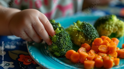 A child takes broccoli from a plate. Healthy nutrition for children.