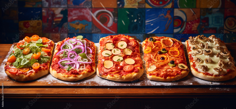pizza on wooden serving board, in the style of light red and dark aquamarine, black background, photo-realistic landscapes, polished, beige, romanesque, soft-focus
