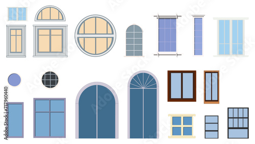 Set of various colored windows for houses isolated on white background. Clipart.
