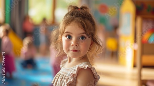 Wallpaper Mural A small child stands against the background of a room with children. The concept of classes in kindergarten, preschool development groups or  adoption of orphans from shelters. Torontodigital.ca