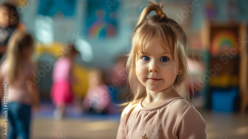 Wallpaper Mural A small child stands against the background of a room with children. The concept of classes in kindergarten, preschool development groups or  adoption of orphans from shelters. Torontodigital.ca