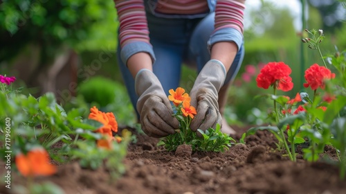 Fototapeta Naklejka Na Ścianę i Meble -  Women's hands in gardening gloves plant flowers in the front garden.