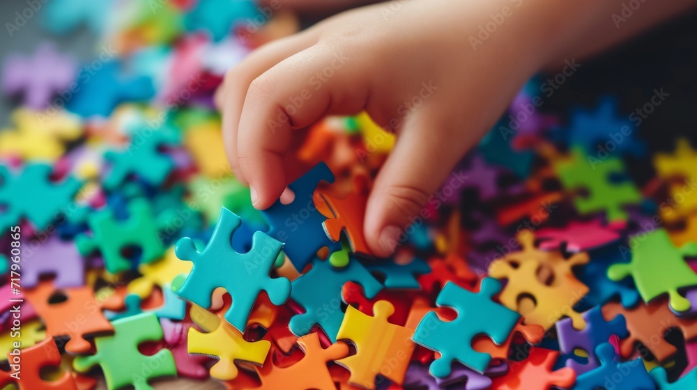 A child's hand close up against the background of bright multi-colored puzzles. A child's hand close up against the background of bright multi-colored puzzles.