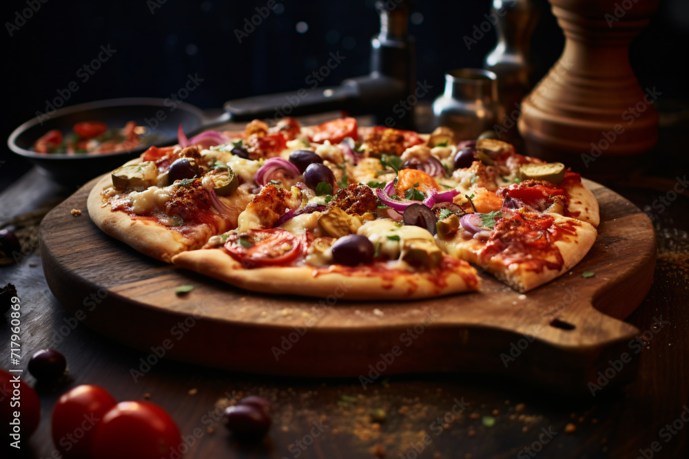 pizza with tomatoes and olives, in the style of soft-focus, precisionist, earthy elegance