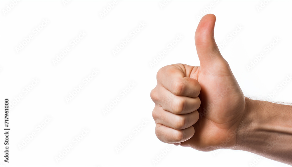 Closeup of male hand showing thumbs up sign against white background