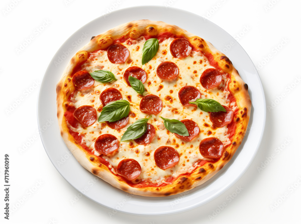 a large round pizza, in the style of soft-focus, glossy finish, white background, focus on joints/connections, cut/ripped,