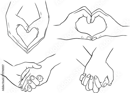 Simple vector hands, line art Hands, love, couple hand drawn illustration, man's hand holds a woman's hand (ID: 717961057)