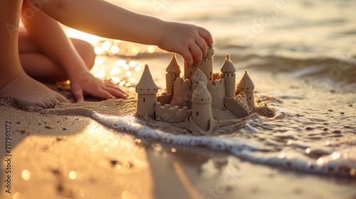 A child builds a sand castle on the seashore. Relaxing by the sea on a sunny summer day.