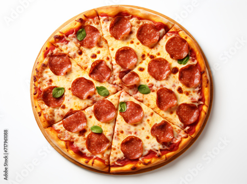 a large round pizza, in the style of soft-focus, glossy finish, white background, focus on joints/connections, cut/ripped,