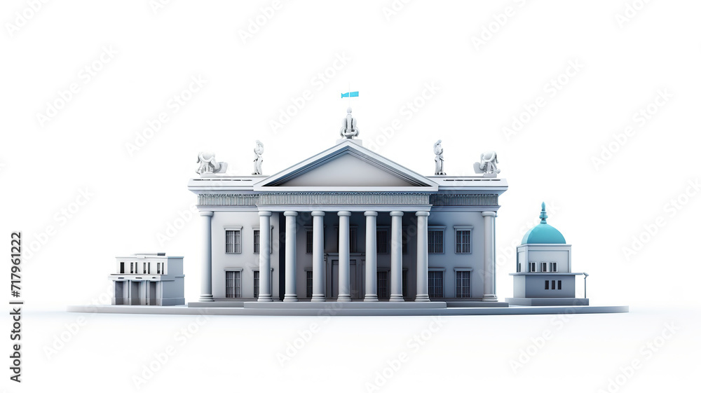 Isolated bank building with a cityscape against a stark white background