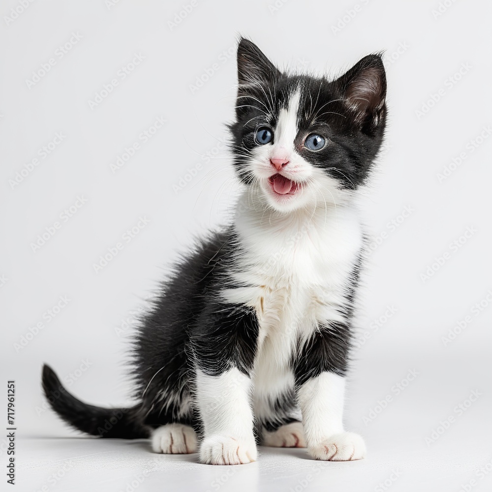 Playful Black and White Kitten on White Background