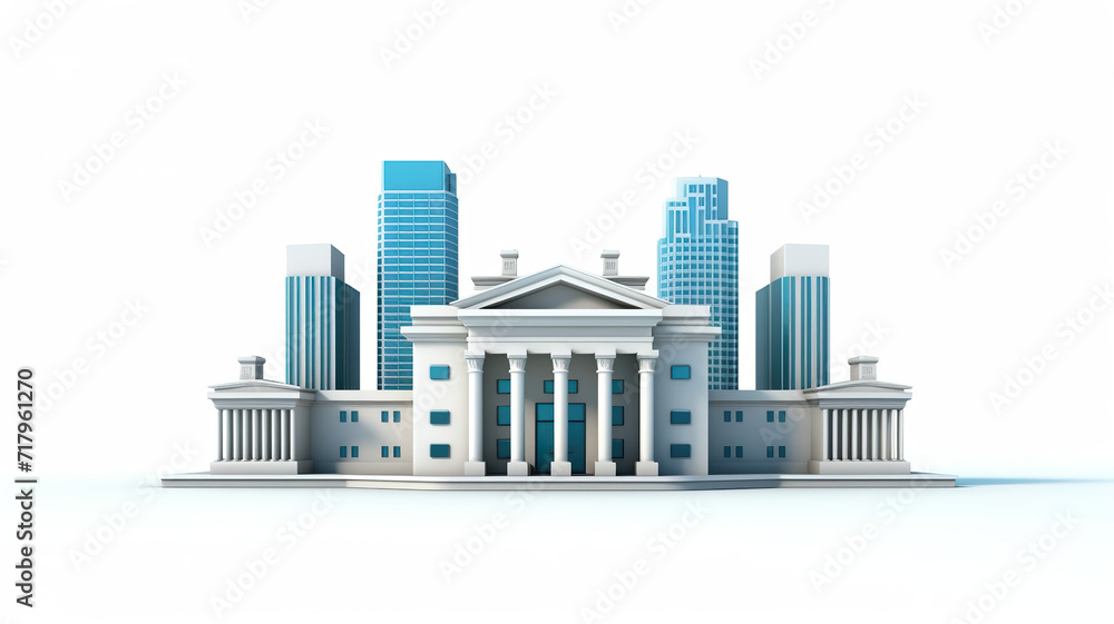 Isolated bank building with a cityscape against a stark white background
