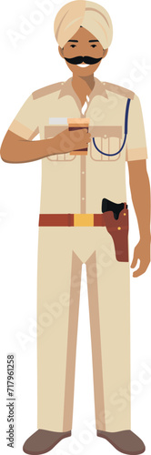 Standing Indian Policeman Officer with Cup of Coffee in Turban and Traditional Uniform Character Icon in Flat Style. Vector Illustration.