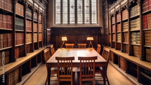 medieval style college library with wooden beams and warm lighting  gothic style windows