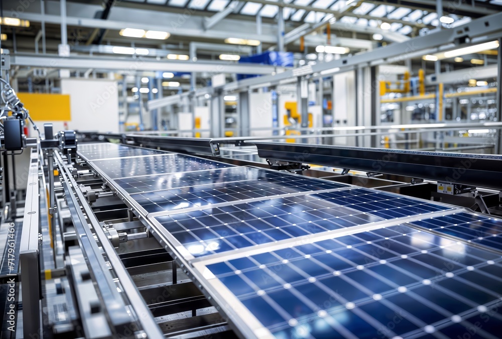 Solar panels on conveyor belt in factory.