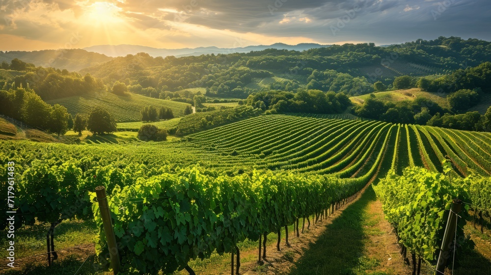 Beautiful landscape with green vineyard fields.