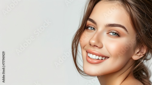 Young beautiful girl with a smile on her face and clear skin on a gray background. Banner for beauty salons, spa centers.
