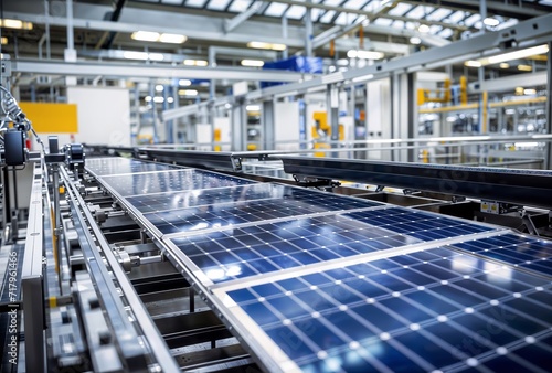 Solar panels on conveyor belt in factory.