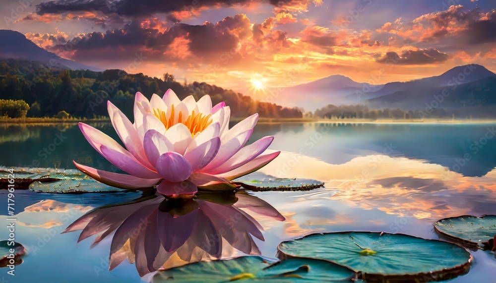Pink lotus flower on a quiet lake in the sunset, yoga, zen, meditation background, silence, calm, relax - obrazy, fototapety, plakaty 
