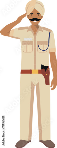 Standing Indian Policeman Officer in Turban and Traditional Uniform Character Icon in Flat Style. Vector Illustration.