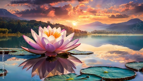Pink lotus flower on a quiet lake in the sunset, yoga, zen, meditation background, silence, calm, relax