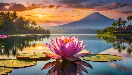 Pink lotus flower on a quiet lake in the sunset, yoga, zen, meditation background, silence, calm, relax
