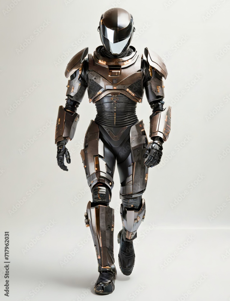 Robotic Vanguard: Masculine Copper-Trimmed Humanoid Soldier Robot with a Bold Black Chassis