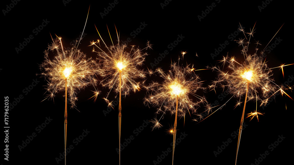 Various sparklers and sticks of Bengal lights separated against a completely black background 