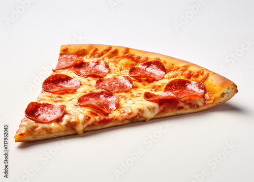 a slice of pepperoni pizza with cheese on a white background, in the style of bold, photo-realistic landscapes, tilt shift, unprimed canvas