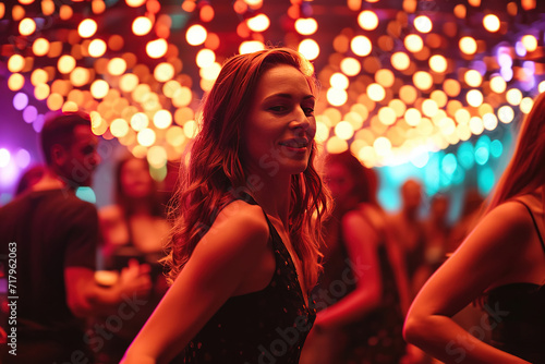 Women dancing in a nightclub, men dancing, dancing together, people having fun, party, alcohol, volumetric lights, portrait of a woman, friends, afterwork party, fancy, luxury, rich people