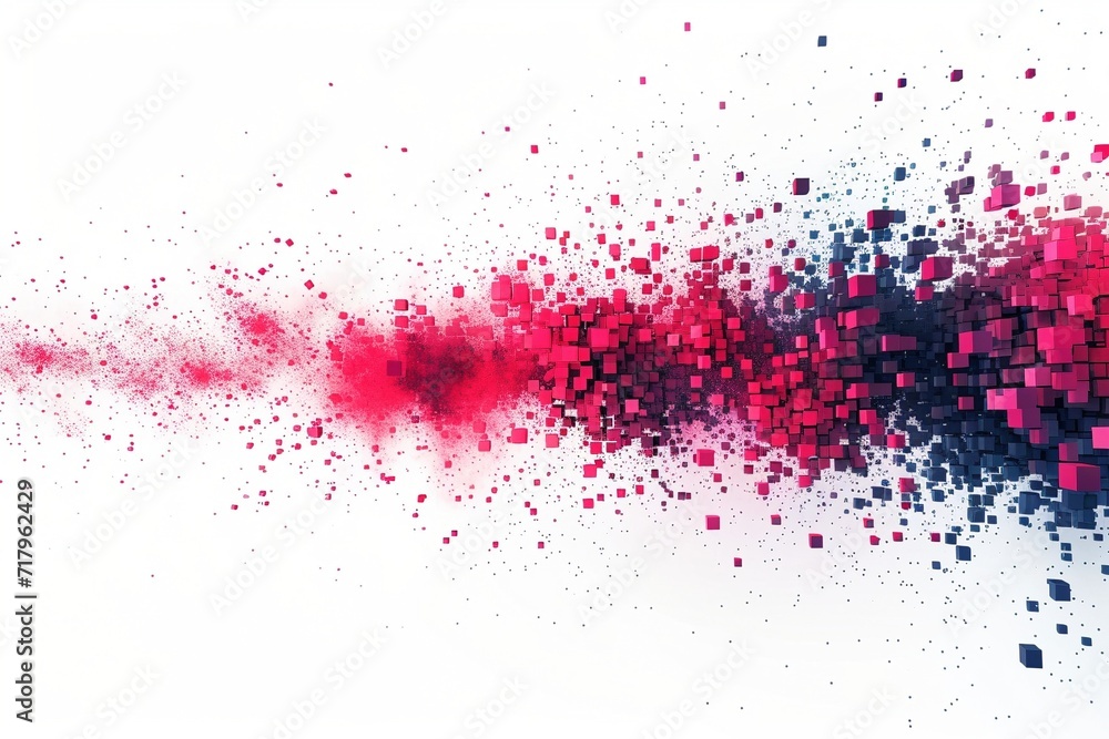 Neon pink and blue exploding pixels create a vibrant vector design, isolated on a white background, perfect for a dynamic and modern simple shapes poster or web banner
