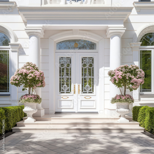 Main door to the luxury house with spring decoration, beautiful elegant entrance to the house, modern and elegant door, Spring time, Mockup © iv work