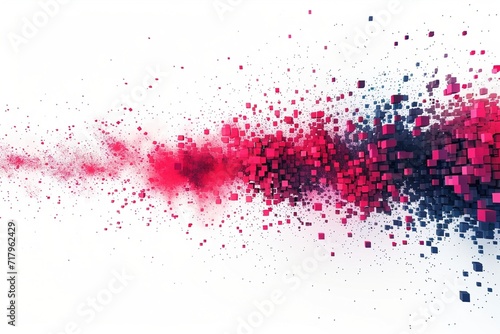 Neon pink and blue exploding pixels create a vibrant vector design  isolated on a white background  perfect for a dynamic and modern simple shapes poster or web banner