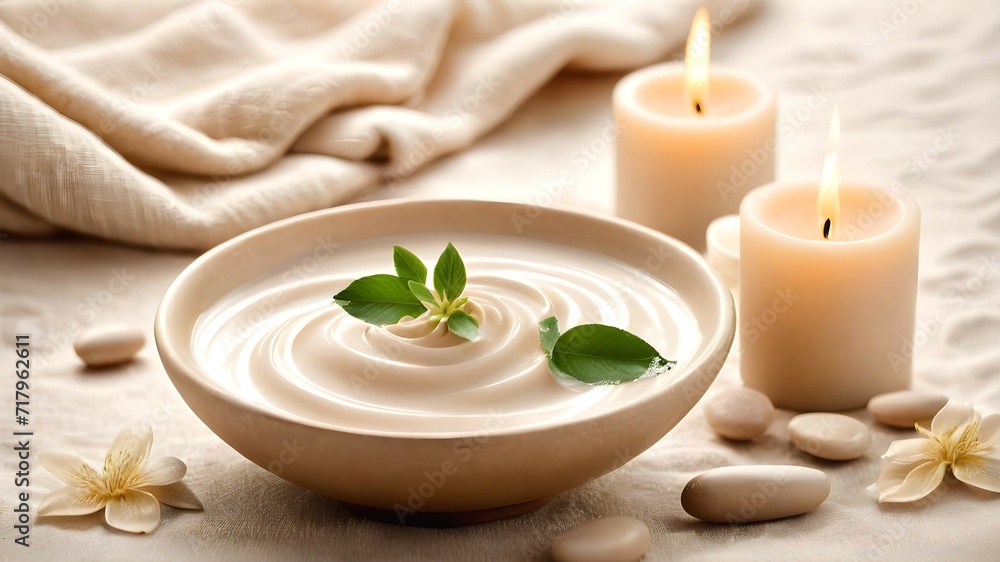 Bowl with cream, stones, candles on a beige background. Beige mockup for spa presentation. Relaxing mood. Bowl with cream, stones, candles on a beige background. Beige mockup for spa presentation. Relaxing mood.