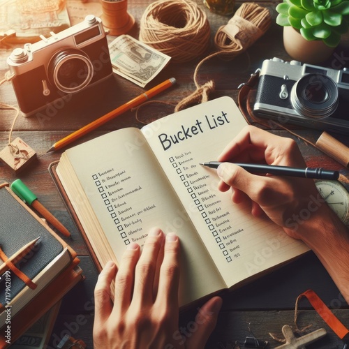 A notebook page filled with hand-illustrated bucket list items, suggesting planning and dreams