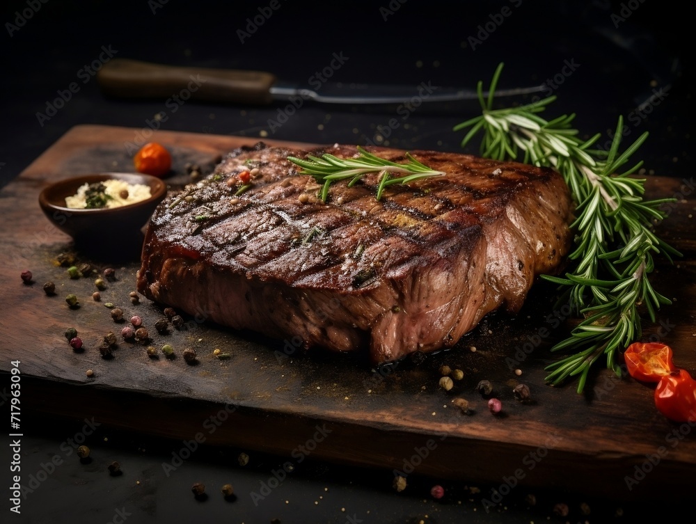 Steak with herbs and spices on a wooden board with dark background Steak with herbs and spices on a wooden board with dark background