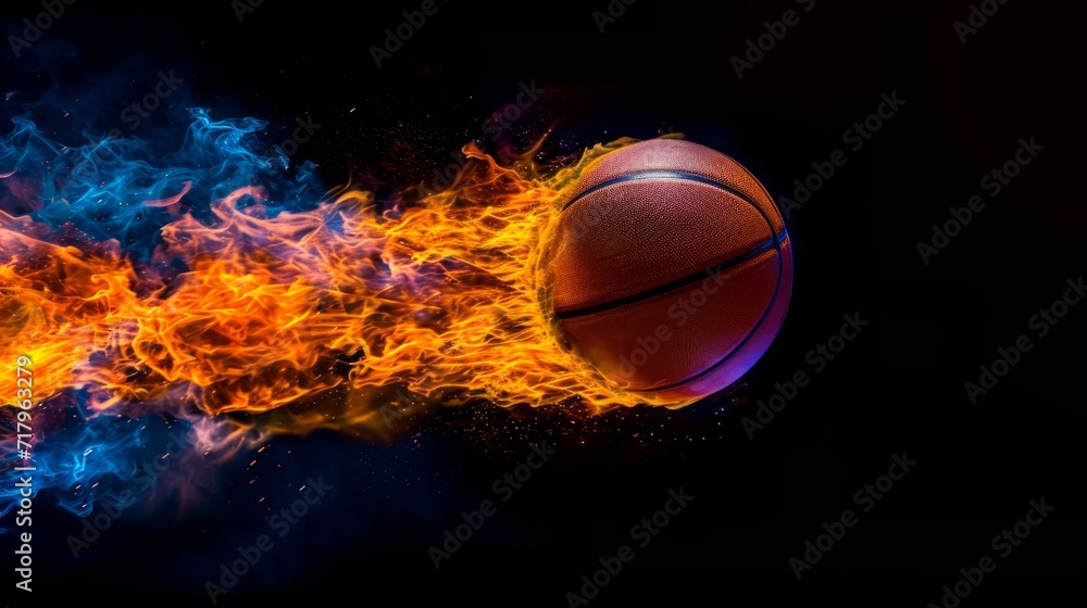 Professional Basketball ball Sports Equipment in fire flying on the black background. Horizontal Illustration. Sporting Gear Ai Generated Illustration with Active Game Basketball ball Sports Equipment