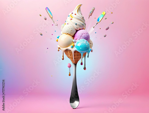 Whimsical and Futuristic Dessert Delights - Photorealistic illustration of a pop art ice cream spoon and a rich creamy vanilla white cake with holographic designs Gen AI photo