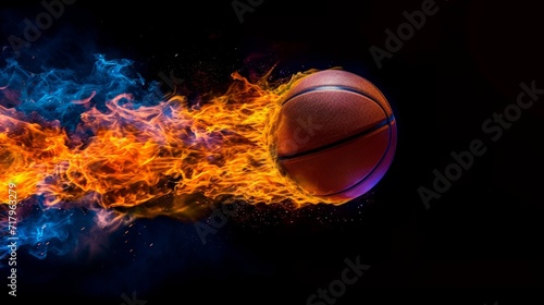 Professional Basketball ball Sports Equipment in fire flying on the black background. Horizontal Illustration. Sporting Gear Ai Generated Illustration with Active Game Basketball ball Sports Equipment © Vector Juice