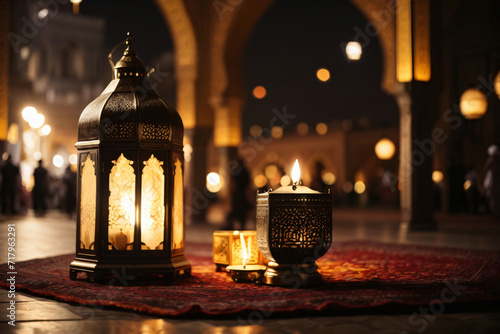 Ornamental Arabic lantern with burning candle glowing at night and glittering golden bokeh lights. Festive greeting card, invitation for Muslim holy month Ramadan Kareem. Dark background. Ai Generate © Abdul