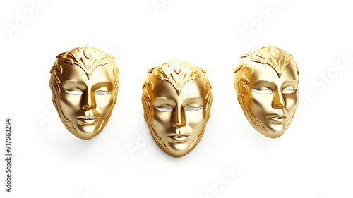 Isolated realistic golden masks on a white background