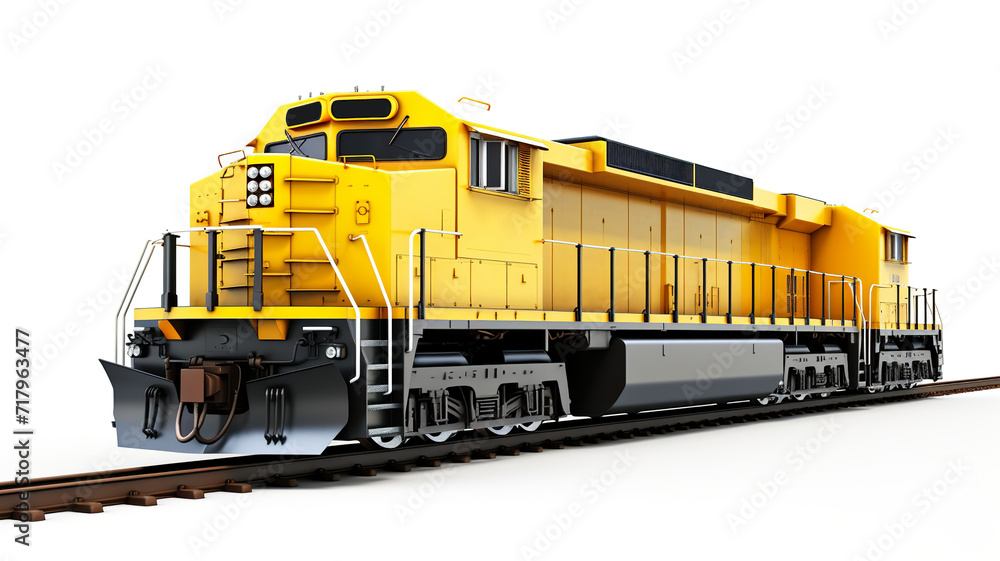 Realistic, contemporary train locomotive isolated on a railroad with an all-white background