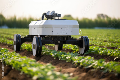 Agriculture robot working in smart farm. Future 
robotics companies revolutionizing agriculture technology, smart agriculture farming concept