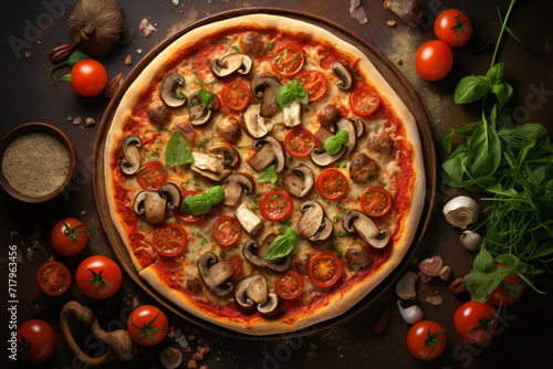 pizza with mushroom and tomato toppings, in the style of large canvas format
